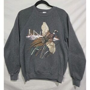 Jerzees Pheasant Graphic Sweatshirt Mens LARGE Gray Excellent Vintage Raglan USA